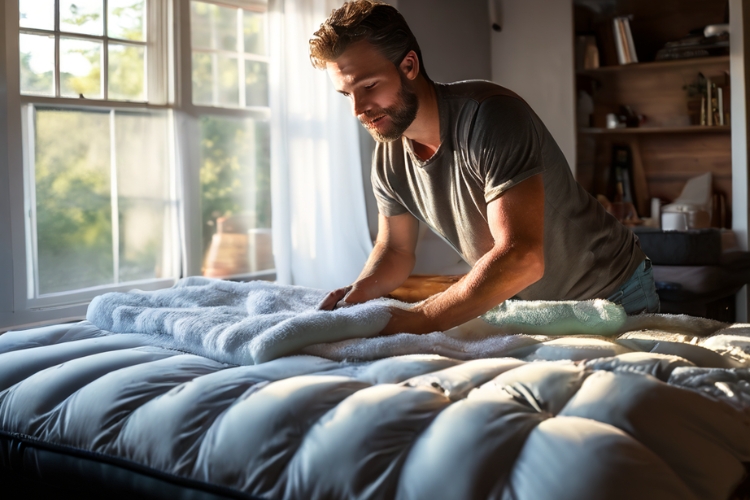 man cleaning air mattress